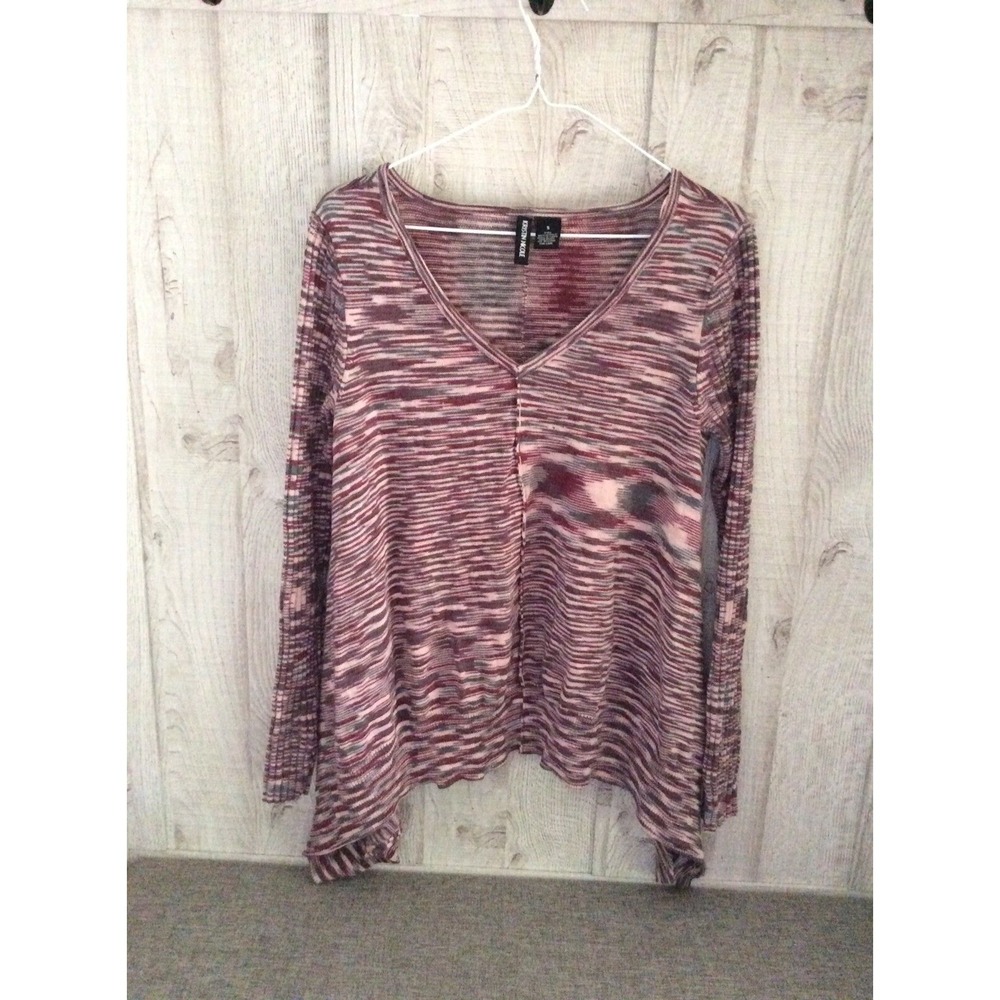 Kristin Nicole Space Dye V-Neck Handkerchief Hem Sweater Top Burgundy Pink S